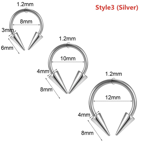 QQTDFG 3 Pcs/lot 16g Stainless Steel Septum Rings Spike Cone Ear Lip Piercing Jewelry-Style3 (Silver)
