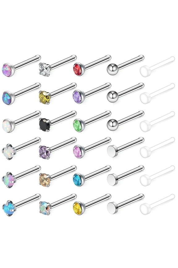 30 Pcs CZ Stainless Steel Nose Studs Set Opal Acrylic Nostril Piercing Jewelry-I shape