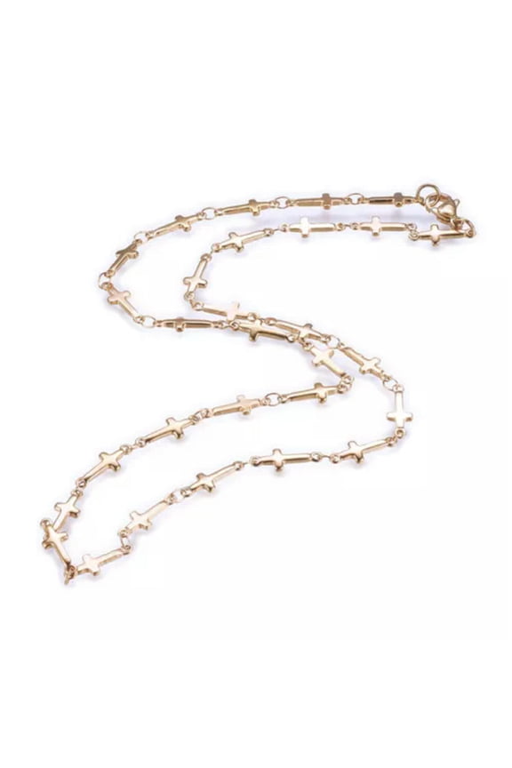 304 Stainless Steel Chain Necklace Lobster Ion Plating Cross Gold 17.5" A423-Gold