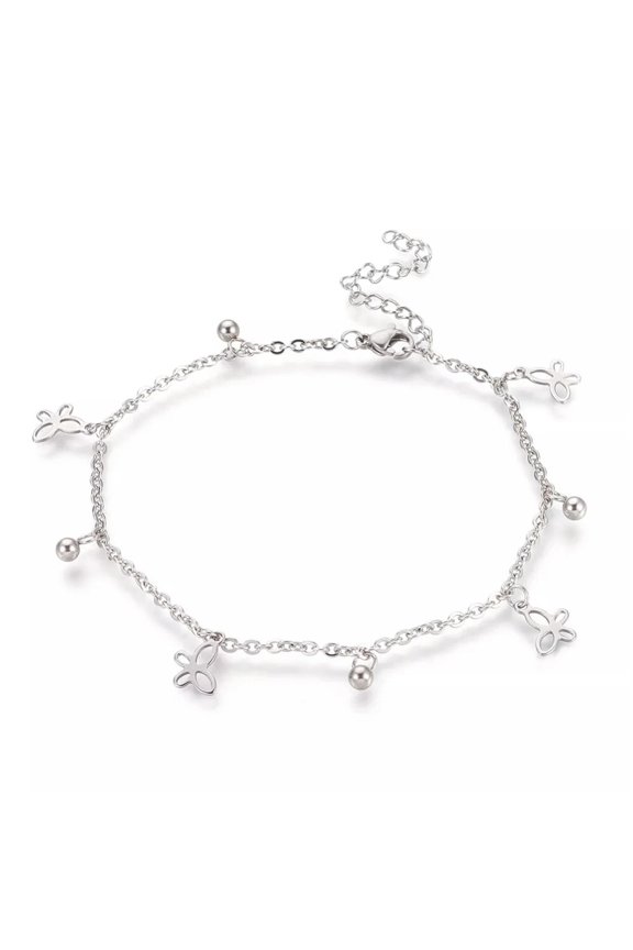 304 Stainless Steel Charm Anklet Butterfly Bracelet Silver Color 9" 2mmA54-default