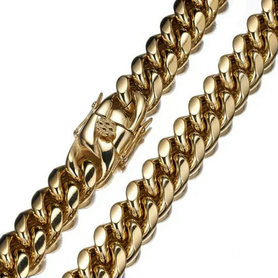 QQTDFG 316L Stainless Steel Heavy Link Gold Plated Curb Cuban Chain Men Necklace 7"-40"-36 inch Necklace-14mm wide-Gold