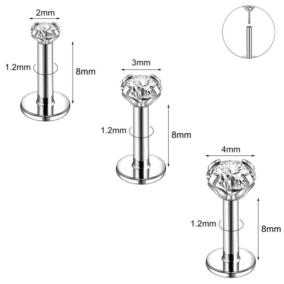 QQTDFG 3Pcs/Lot Push-in Lip Studs Stainless Steel Helix Earrings CZ Labret Lip Piercing-Silver-8mm