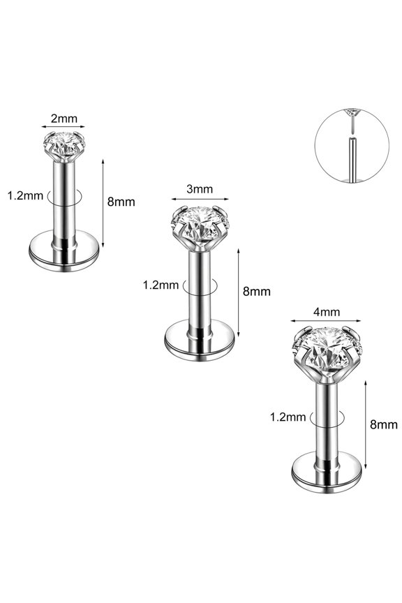 3Pcs/Lot Push-in Lip Studs Stainless Steel Helix Earrings CZ Labret Lip Piercing-Silver-8mm