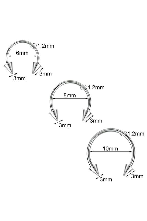 3Pcs/Lot Stainless Steel Nose Rings Horseshoe Spike Septum Piercing Body Jewelry-16g*3mm Spike