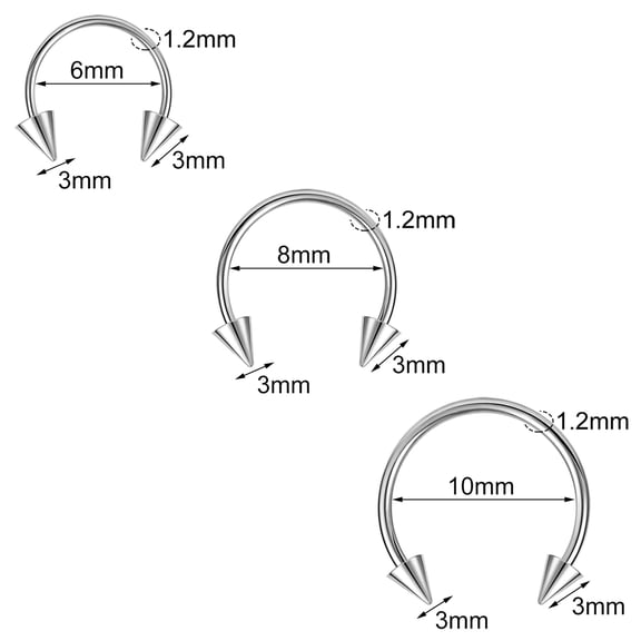 QQTDFG 3Pcs/Lot Stainless Steel Nose Rings Horseshoe Spike Septum Piercing Body Jewelry-16g*3mm Spike