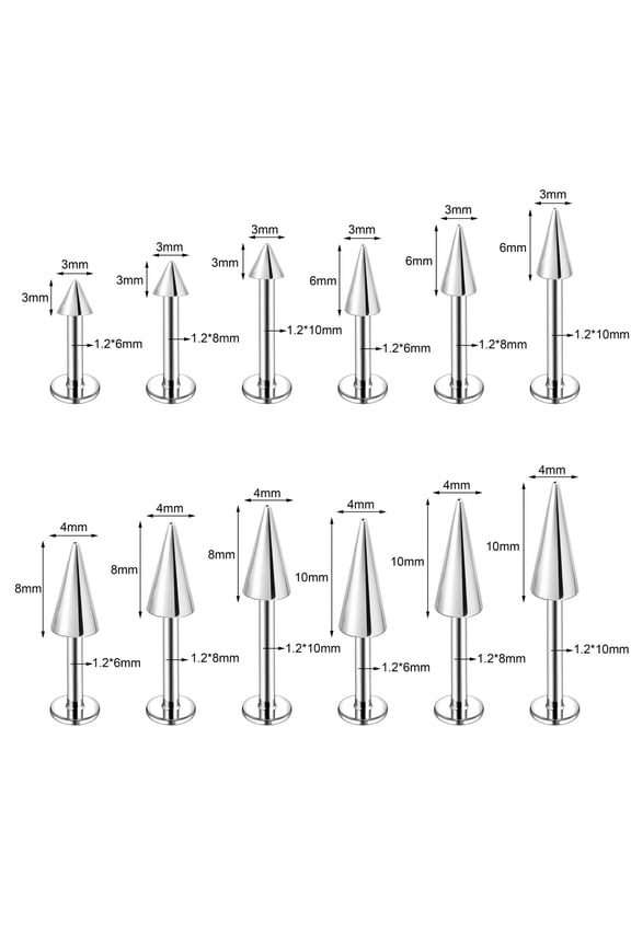 3Pcs/Set Large Spike Labret Studs Stainless Steel Ear Helix Tragus Lip Piercings-1.2mm*6/8/10mm-3*6mm Spike