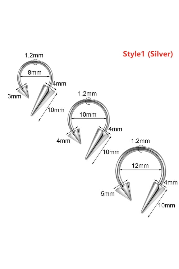3Pcs/lot 16G Stainless Steel Nose Rings Spike Cone Ear Helix Lip Septum Piercing-Style1 (Silver)