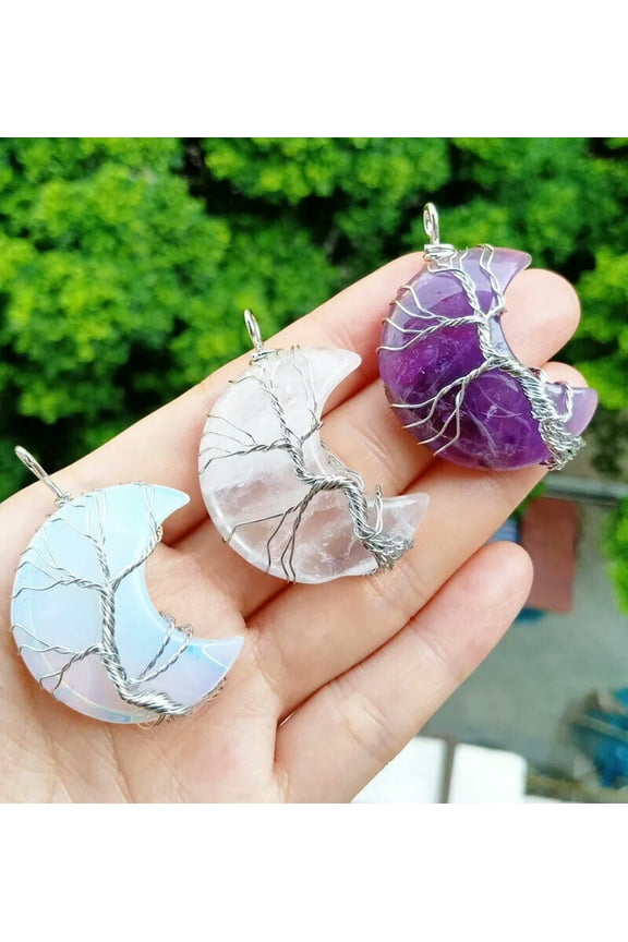 3pcs Amethyst Vary stone Tree of life Moon Pendants Energy Reiki Healing Amulet-default