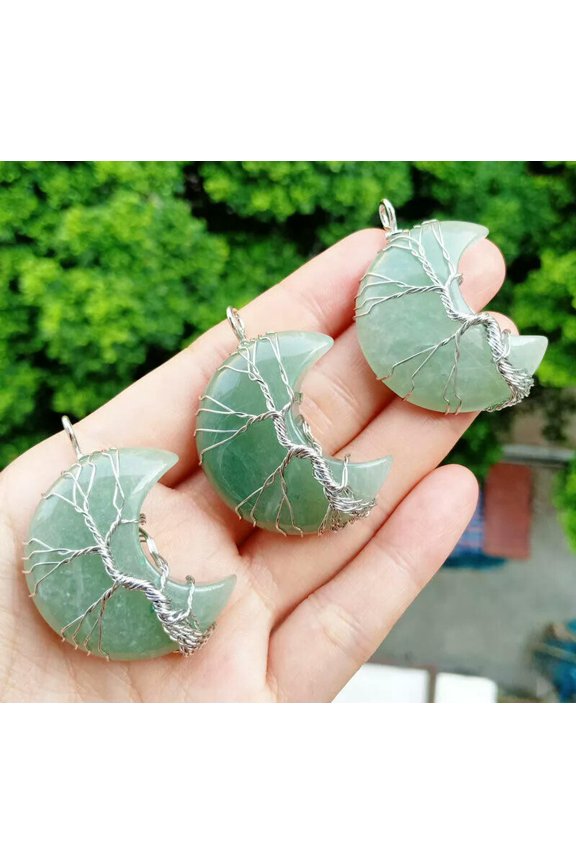 3pcs Aventurine stone Tree of life Moon Pendants Energy Reiki Healing Amulet-default