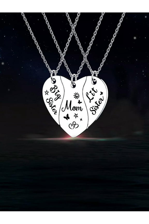 3pcs Big Sis Lil Sis Mom Heart Pendant Necklace For Women For Mother's Day Gift-default