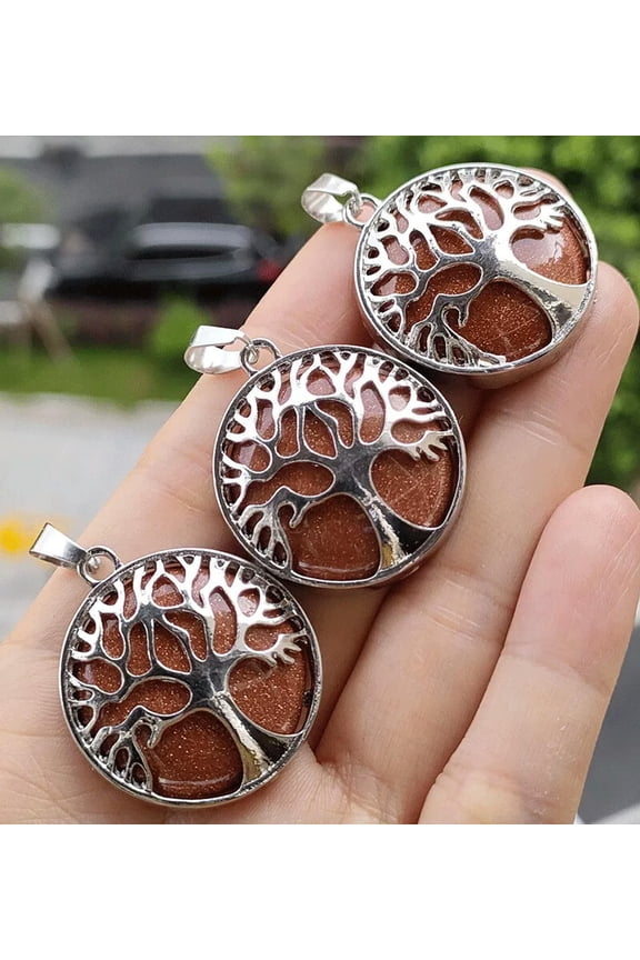 3pcs Gold sand Gems stone Tree of life Pendants Chakra Reiki Healing Amulet-default