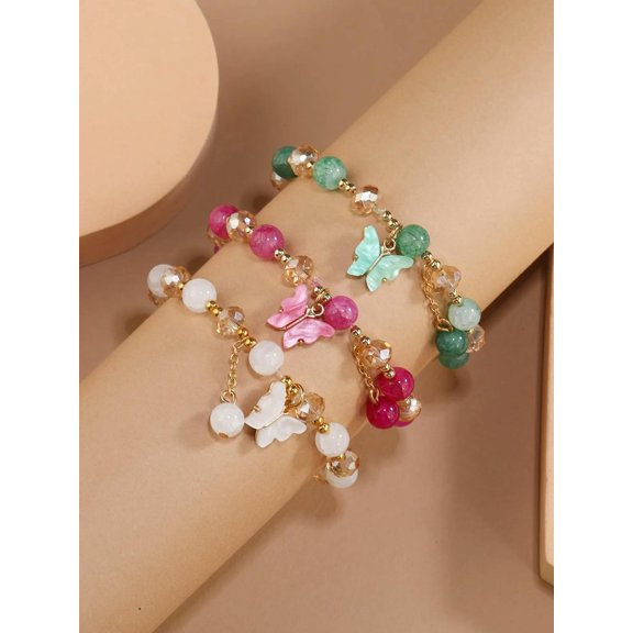 QQTDFG 3pcs Green Pink White Butterfly Charm Beaded Bracelet Women Bracelet Stackable-default