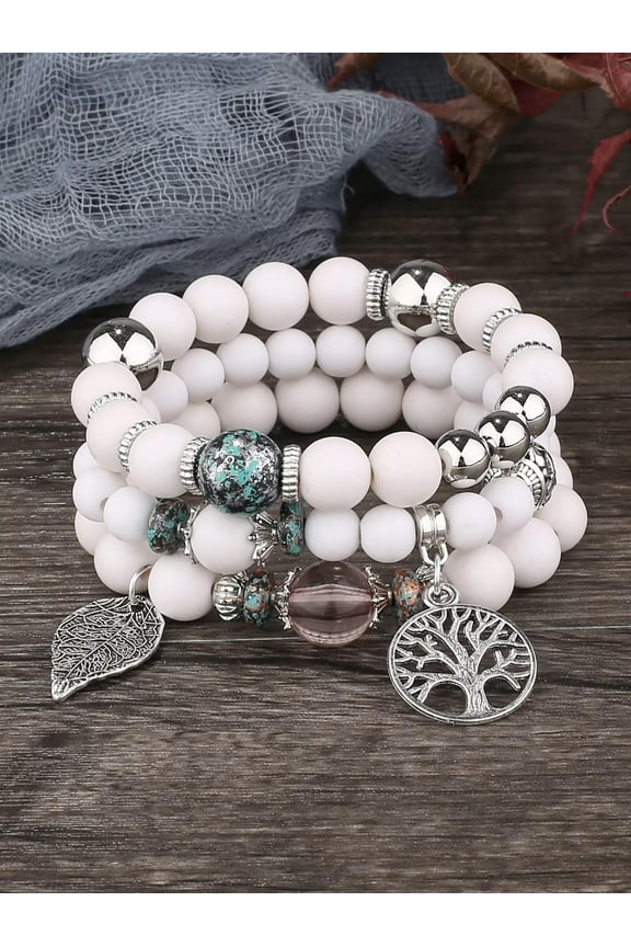 3pcs Leaf & Tree Charm White Beaded Bracelet Statement Bracelet Stackable-default