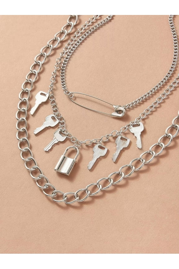 3pcs Lock & Key Charm Chain Necklace Jewelry for Women Men Gift for Her Him-default