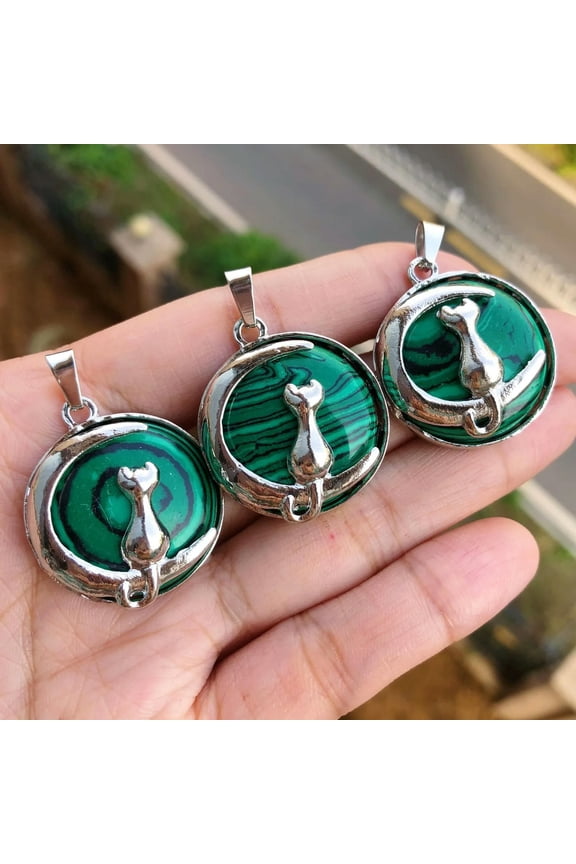3pcs Malachite Gems Stone Cat Moon Pendants Chakra Reiki Healing Amulet-default