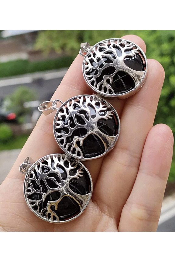 3pcs Obsidian Gems stone Tree of life Pendants Chakra Reiki Healing Amulet-default