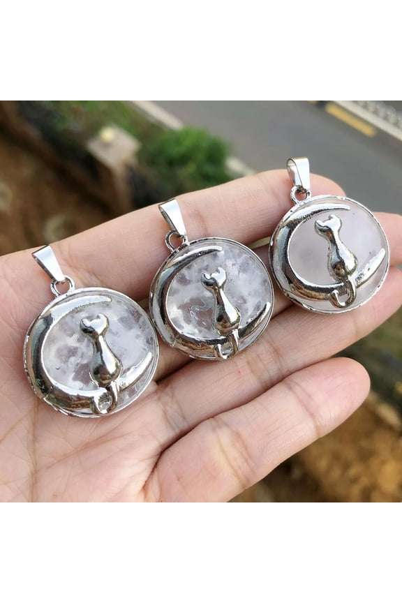 3pcs Rock Quartz Gems Stone Cat Moon Pendants Chakra Reiki Healing Amulet-default