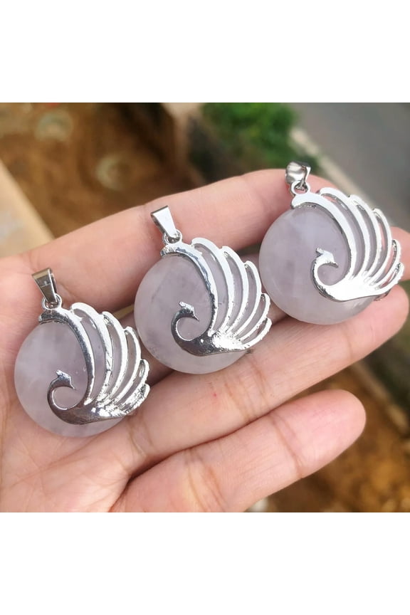 3pcs Rose Quartz Gems Stone Peacock Pendants Chakra Reiki Healing Amulet-default