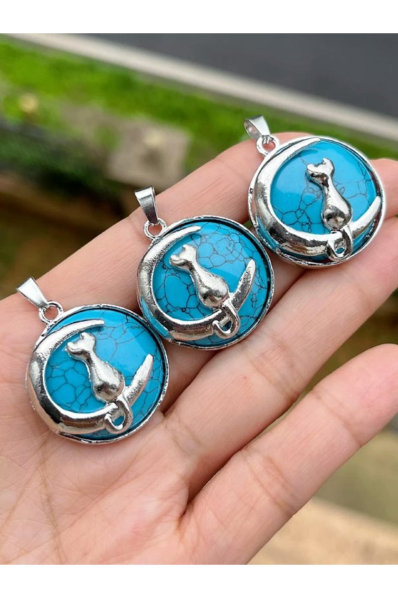 3pcs Turquoise Cyan Gems Stone Cat Moon Pendants Chakra Reiki Healing Amulet-default