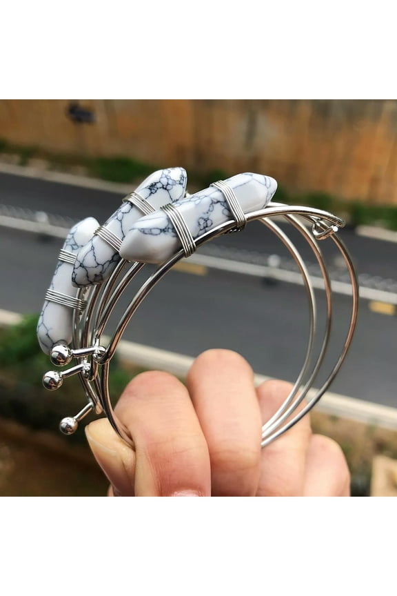 3pcs White Howlite Stone Bangle Bracelet Chakra Reiki Healing Adjustable-default