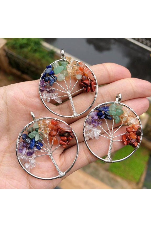3pcs Yoga 7 Charka Gems Stone Tree Of Life Pendants Reiki Healing Amulet-default