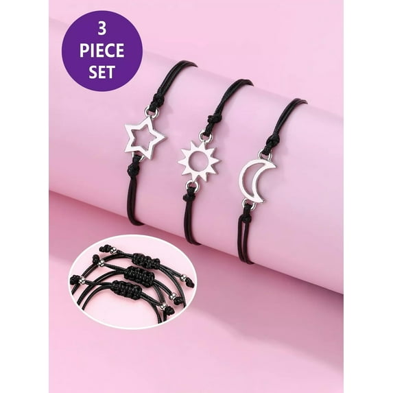 QQTDFG 3pcs/set Sun, Moon, & Star Shaped Black Wax Cord Braided Bracelets-default