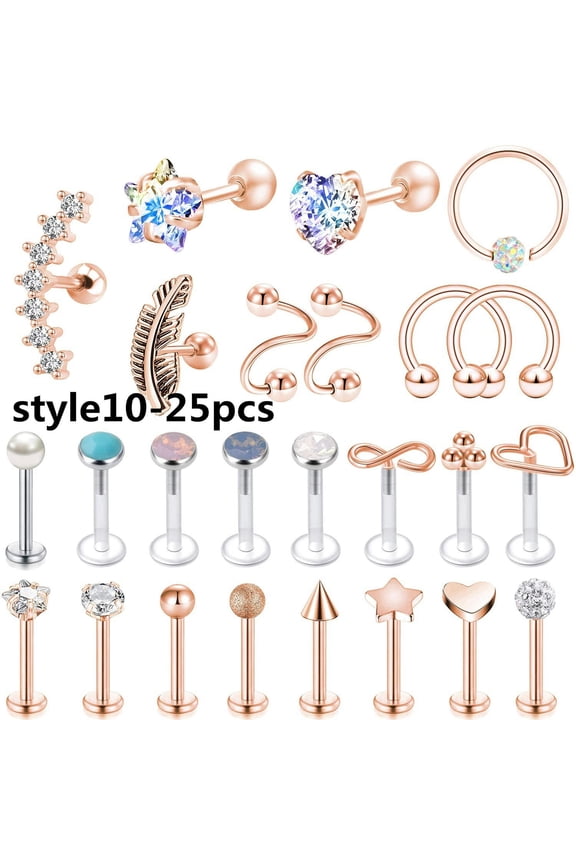 4-25Pcs/lot 16g Stainless Steel Labret Studs CZ Opal Nose Rings Ear Lip Piercing-Style10-25pcs