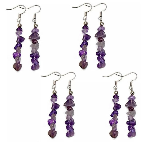 QQTDFG 4 Pairs Natural Tumbled Amethyst Stone Dangle Earrings Drop Hook Chakra Chip Set-default