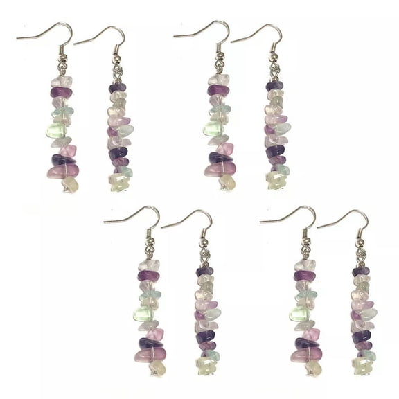 QQTDFG 4 Pairs Natural Tumbled Purple Fluorite Dangle Earrings Drop Hook Gems Chip Set-default