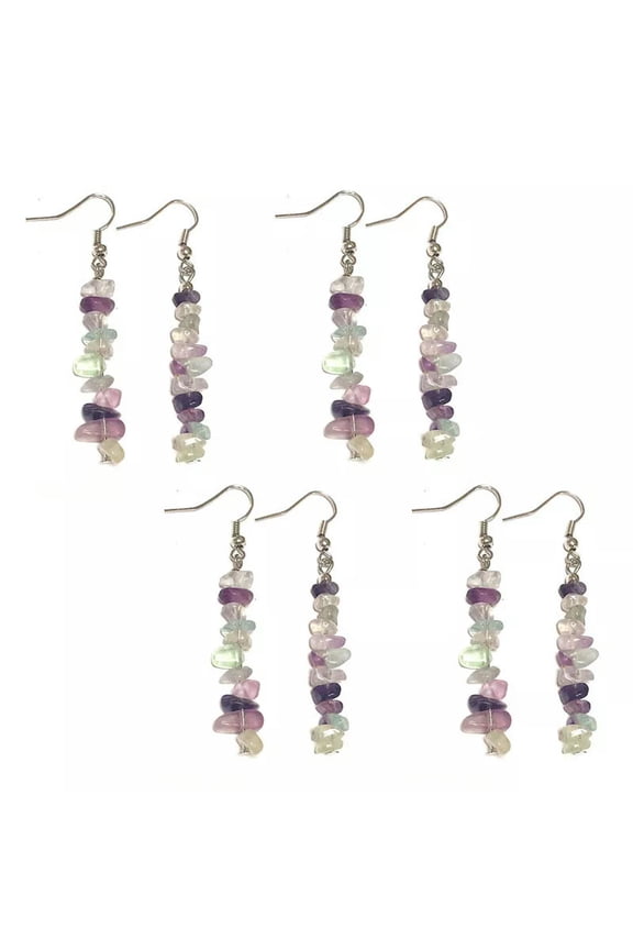 4 Pairs Natural Tumbled Purple Fluorite Dangle Earrings Drop Hook Gems Chip Set-default