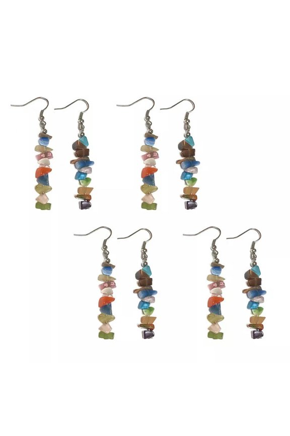 4 Pairs Natural Tumbled Rainbow Dangle Earrings Drop Hook Gems Chip Set-default
