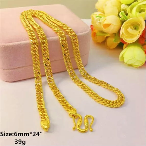 QQTDFG 4 Types Men's Jewelry 24K Yellow Gold Plated Flat Thick Sideway Chains Necklace-6mm 24"