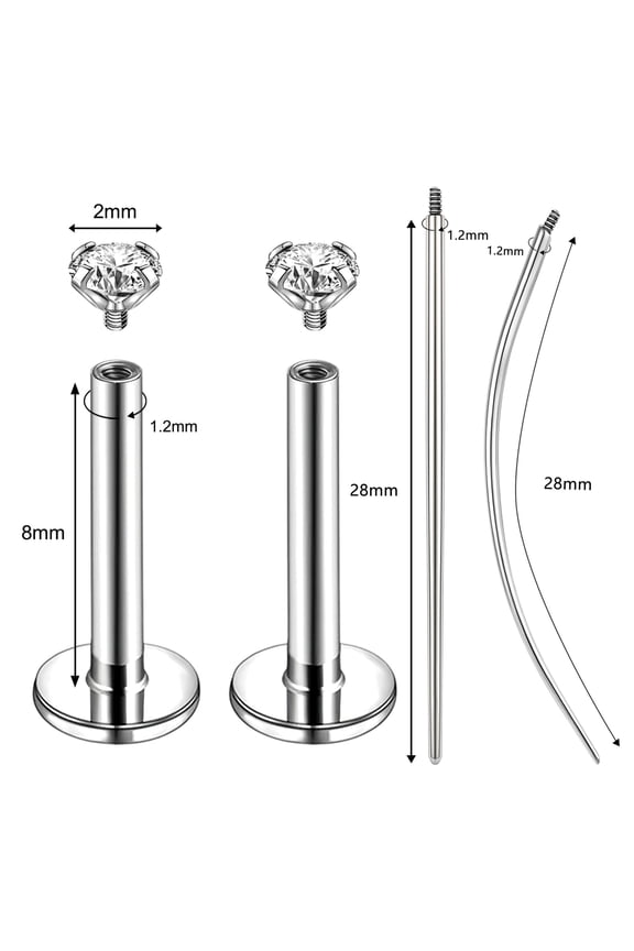 4Pcs Surgical Steel Piercing Needles CZ Stud Earrings Tragus Labret Lip Piercing-Gold-1.2*8mm with 2mm CZ