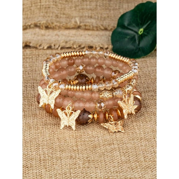QQTDFG 4pcs Butterfly Charm Brown Khaki Beaded Bracelet Women Bracelet Stackable-default