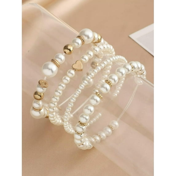 QQTDFG 4pcs Heart & Faux Pearl Decor Beaded Bracelet Women Bracelet Stackable Bracelet-default