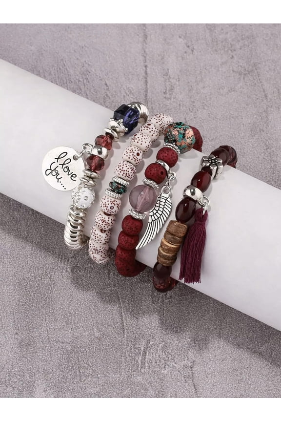 4pcs Tassel Charm Burgundy Beaded Bracelet Women Bracelet Stackable Bracelet-default