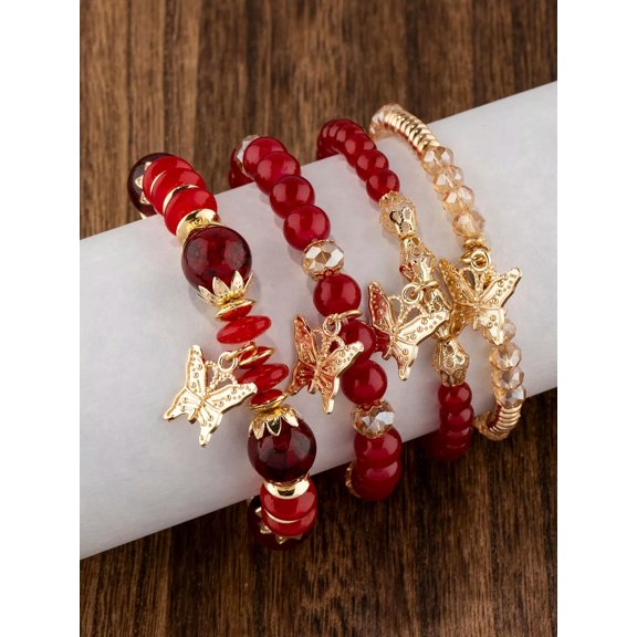 QQTDFG 4pcs/set Butterfly Charm Red Gold Beaded Bracelet Women Bracelet Stackable-default
