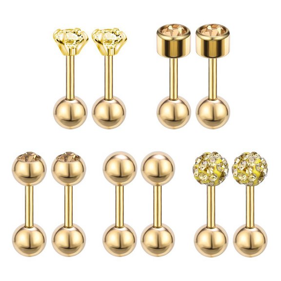 QQTDFG 5 Pair 18G Stainless Steel Stud Earring Set CZ Cartilage Earrings Helix Piercing-Gold