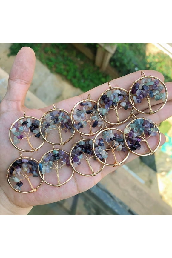 5PCS Yoga Fluorite Gems Stone Tree Of Life Pendants Reiki Healing Amulet-default