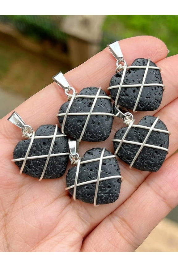 5pc Lava Rock Stone Heart Pendants Chakra Reiki Healing Amulet Silver-default