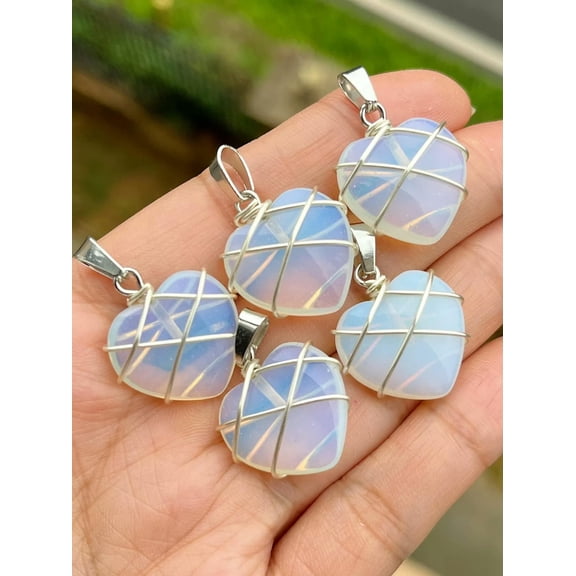 QQTDFG 5pc Opal Stone Heart Pendants Chakra Reiki Healing Amulet Silver-default