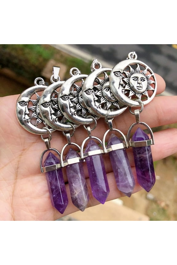 5pcs Amethyst Gems Pillar Moon Sun Pendants Chakra Reiki Healing Amulet Point-default