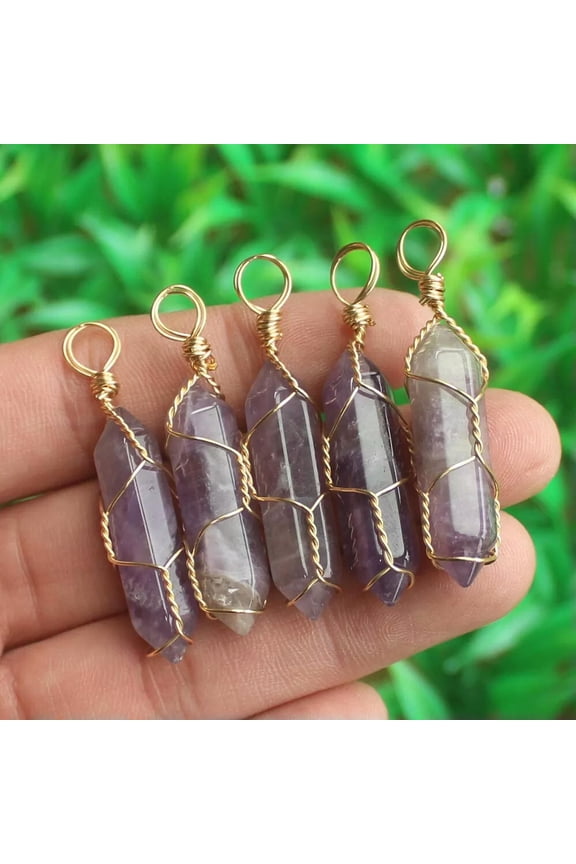 5pcs Amethyst stone Hexagon Point Pendant Chakra Reiki Healing Amulet-default
