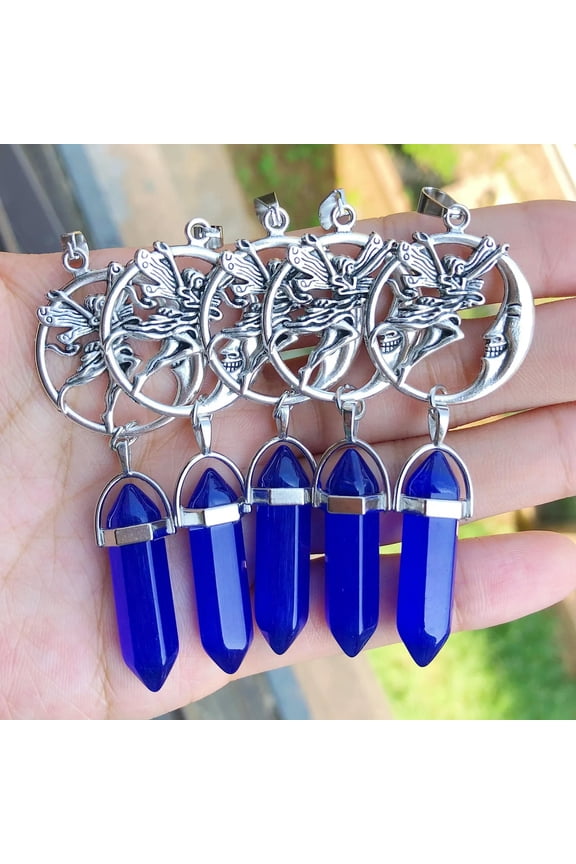 5pcs Blue Crystal Stone Pendants Moon Goddess Chakra Reiki Healing Amulet Point-default