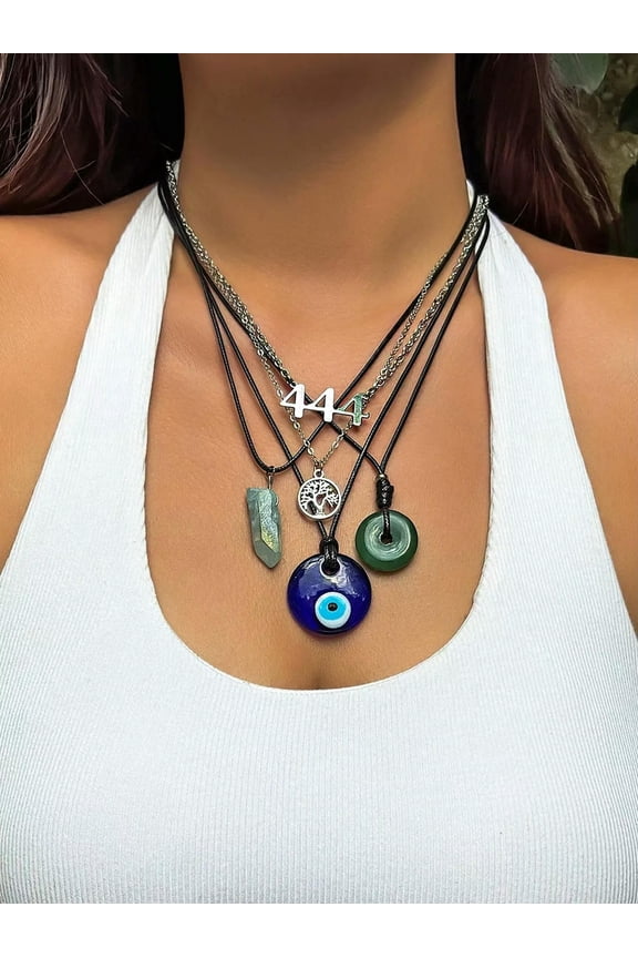 5pcs Fashion Evil Eye & Stone Decor Necklace For Women-default