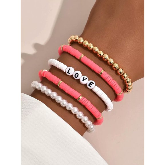 QQTDFG 5pcs Faux Pearl Detail Coral White Love Letter Beaded Bracelet Women Bracelet-default