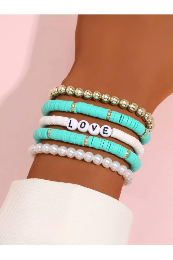 5pcs Faux Pearl Mint Blue LOVE Beaded Bracelet Women Bracelet Stackable Bracelet-default