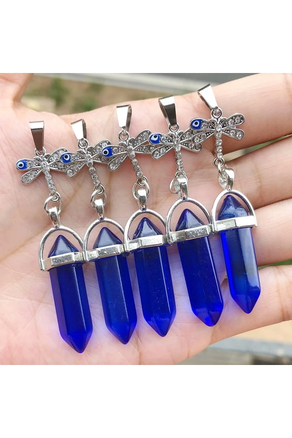 5pcs Healing Blue Crystal Stone Pendants Dragonfly Chakra Reiki Amulet Point-default