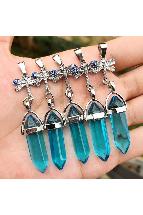5pcs Healing Blue Crystal Stone Pendants Dragonfly Chakra Reiki Amulet Point-default
