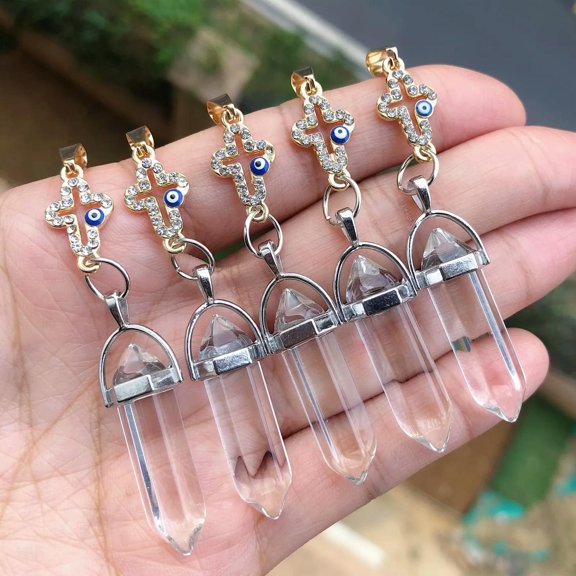 QQTDFG 5pcs Healing Clear Crystal Pendants Cross Chakra Reiki Amulet Point-default
